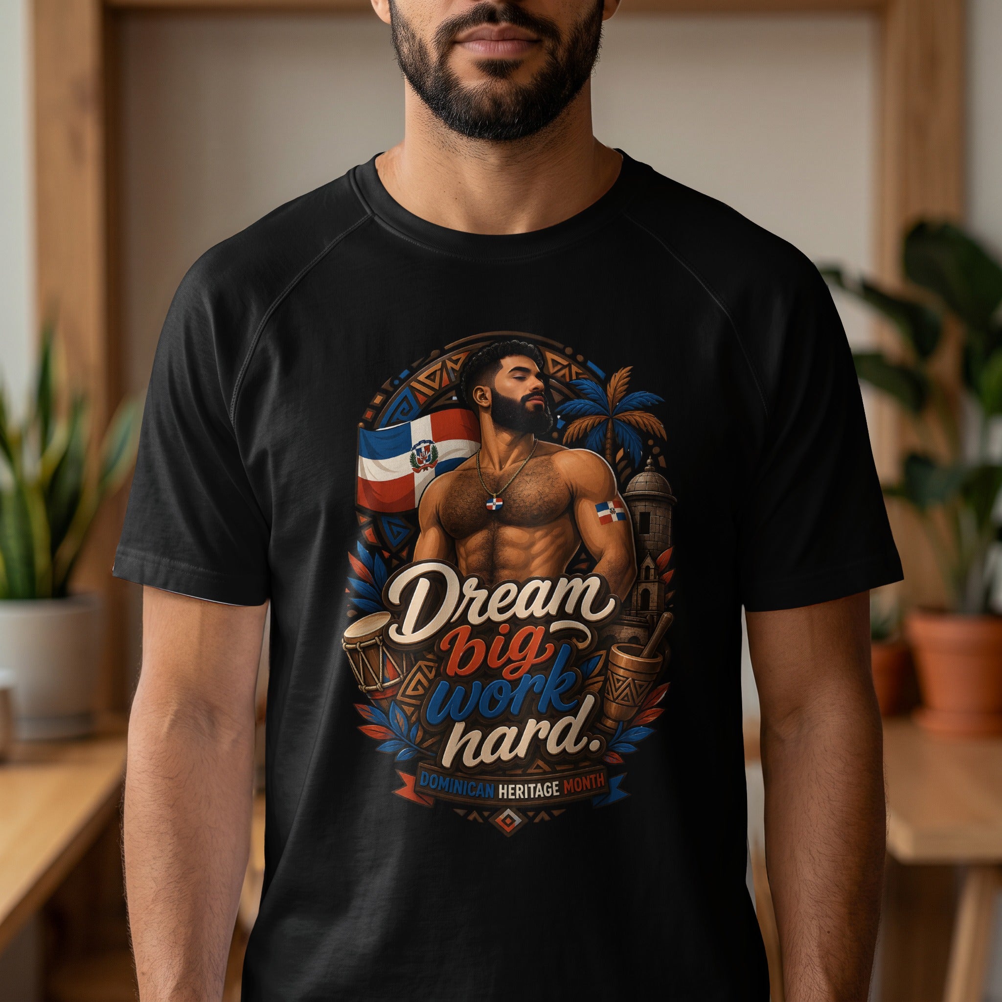 Dominican Heritage Month t-shirt with flag, drums, and text "Dream big. Work hard."