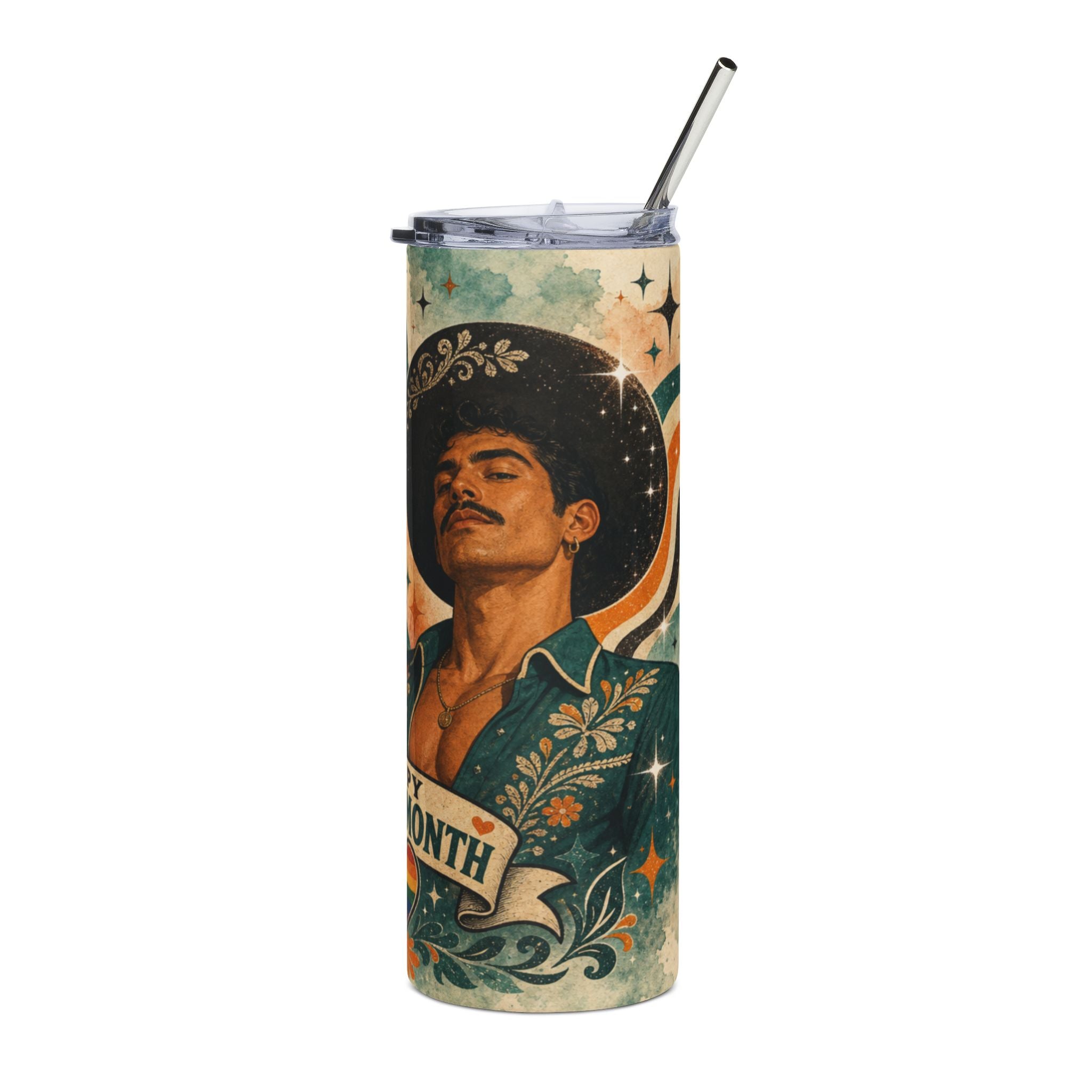 Tumbler with a man in a cowboy hat and "pride month" banner.