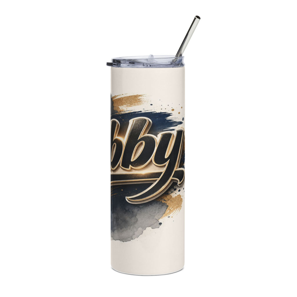 Cream tumbler with "bby!" text, watercolor splashes, and a metal straw.