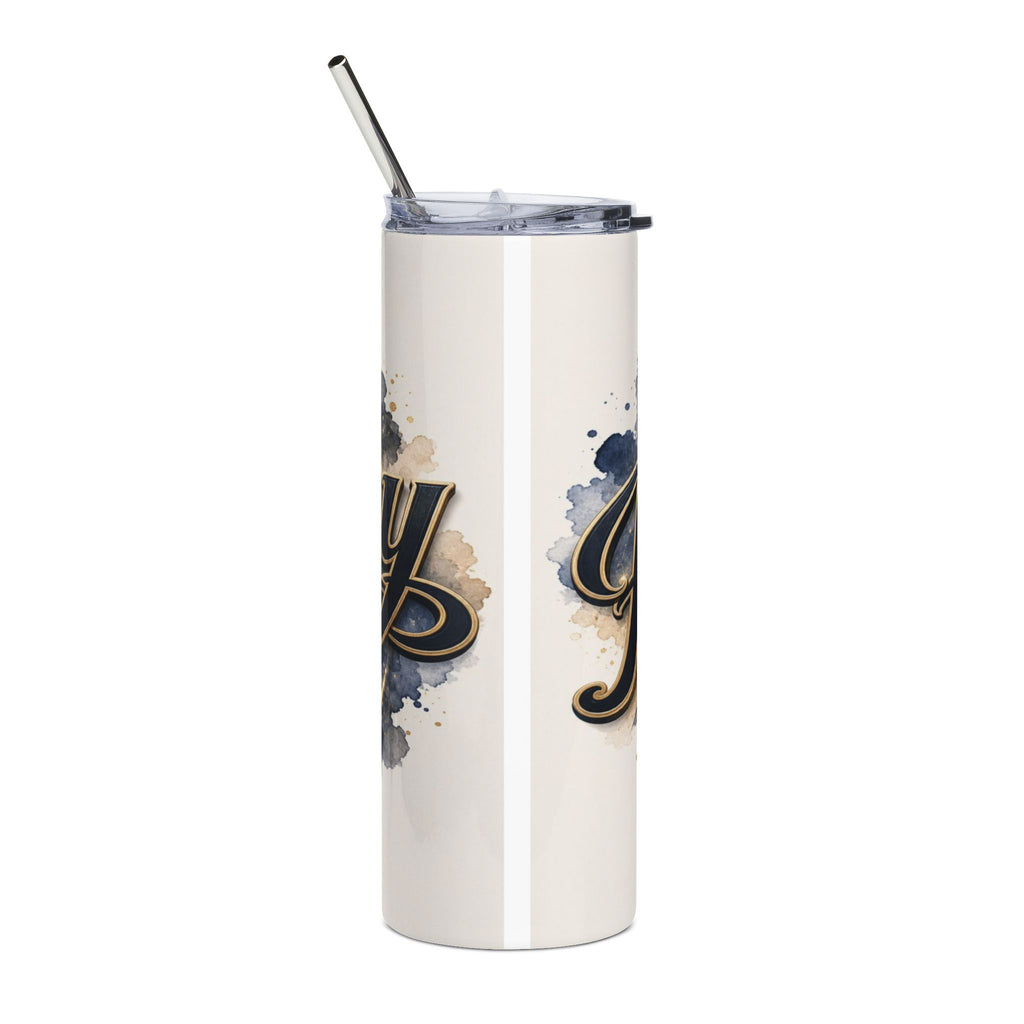 Cream tumbler with metallic gold script text and watercolor splashes.