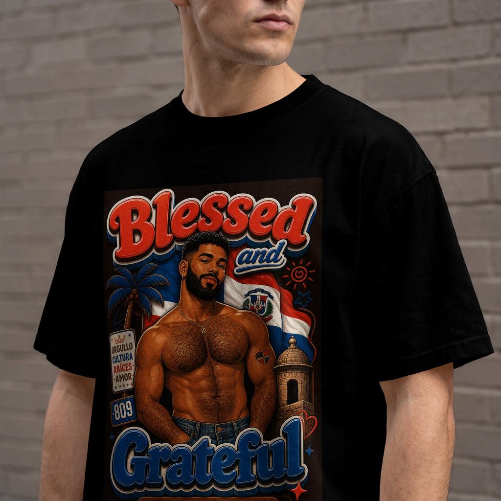 T-shirt graphic of a muscular man with Dominican flag and palm tree.