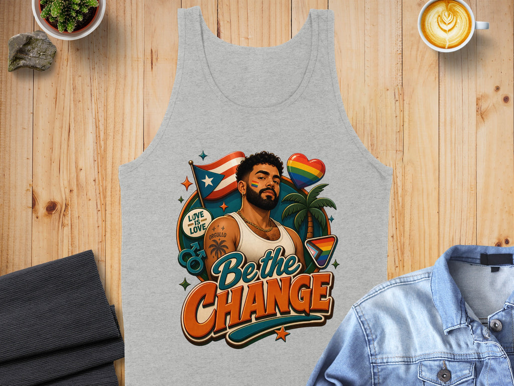 Tank top with "Bethe Change" and rainbow pride flag.