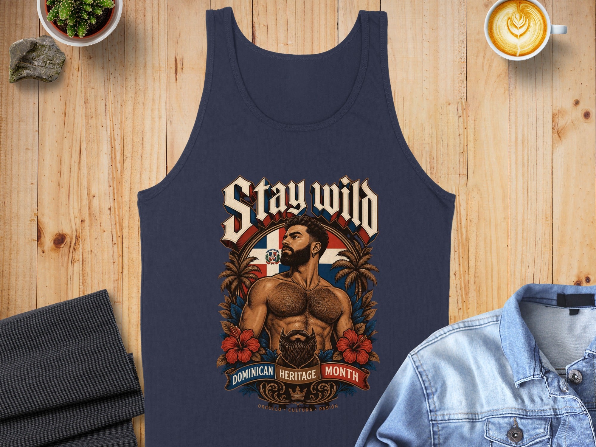 Navy blue tank top with "Stay Wild" and a Dominican flag motif featuring a man.