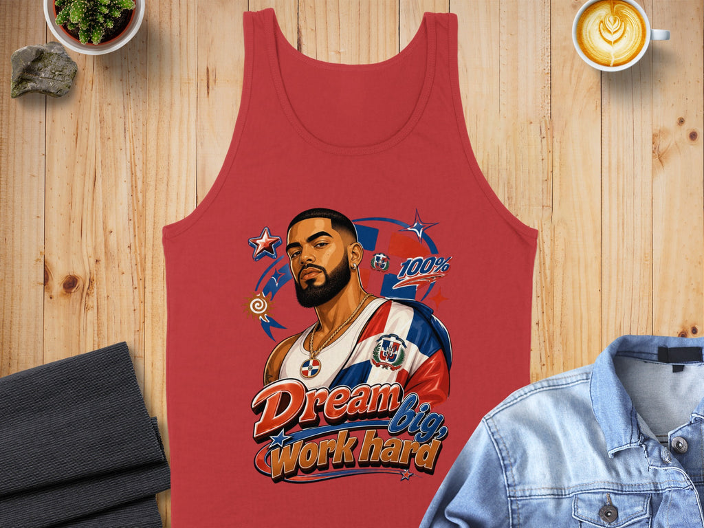 Red tank top featuring a colorful graphic of a man and "Dream big, Work hard."