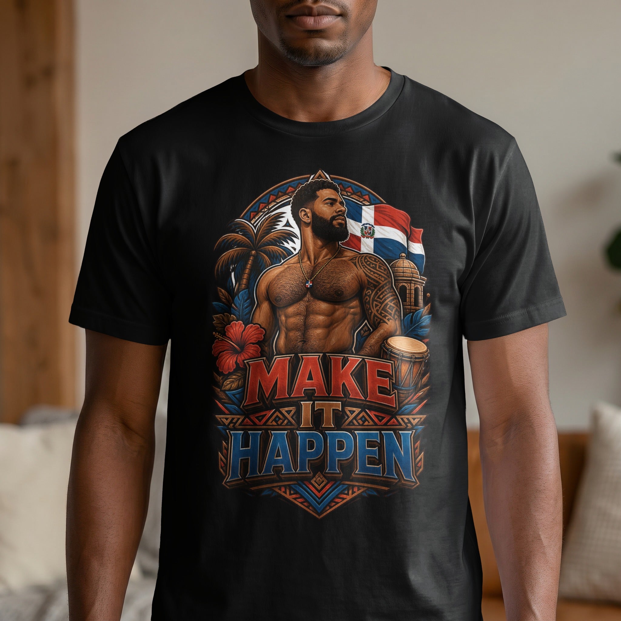 T-shirt graphic: Muscular man with flag and text "Make It Happen".
