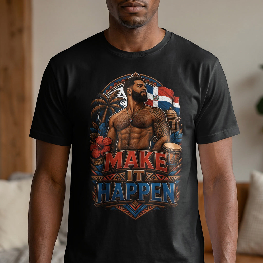 T-shirt graphic: Muscular man with flag and text "Make It Happen".