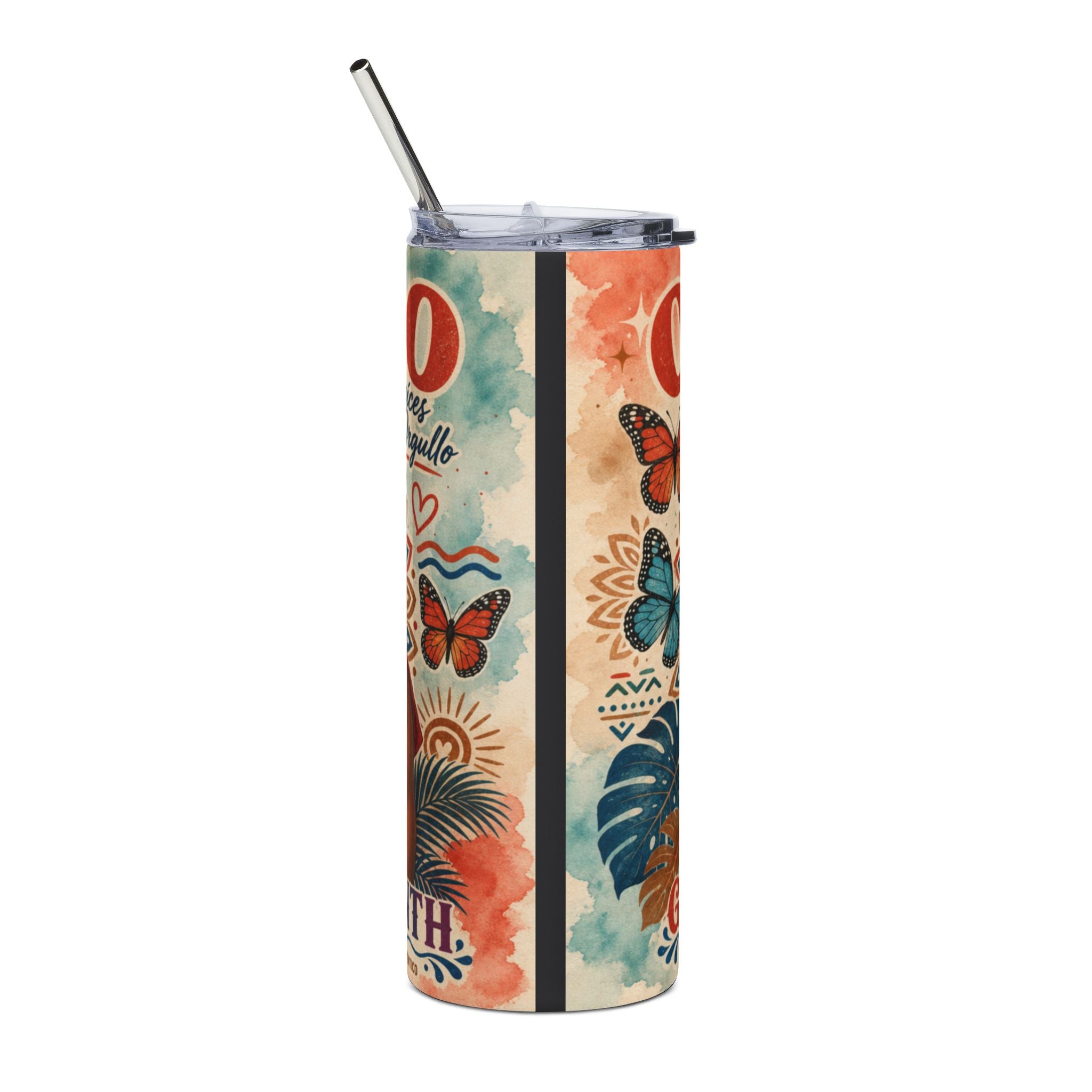 Tumbler with "100 Loves Maquilo" text and colorful butterflies and tropical leaves.
