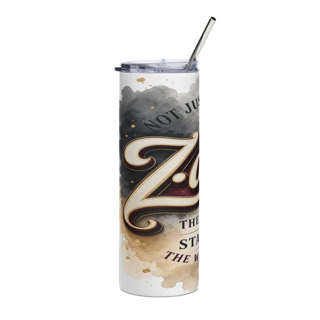 Tumbler with a straw, featuring watercolor stains and the text "NOT JU" and "THE STA THE W".