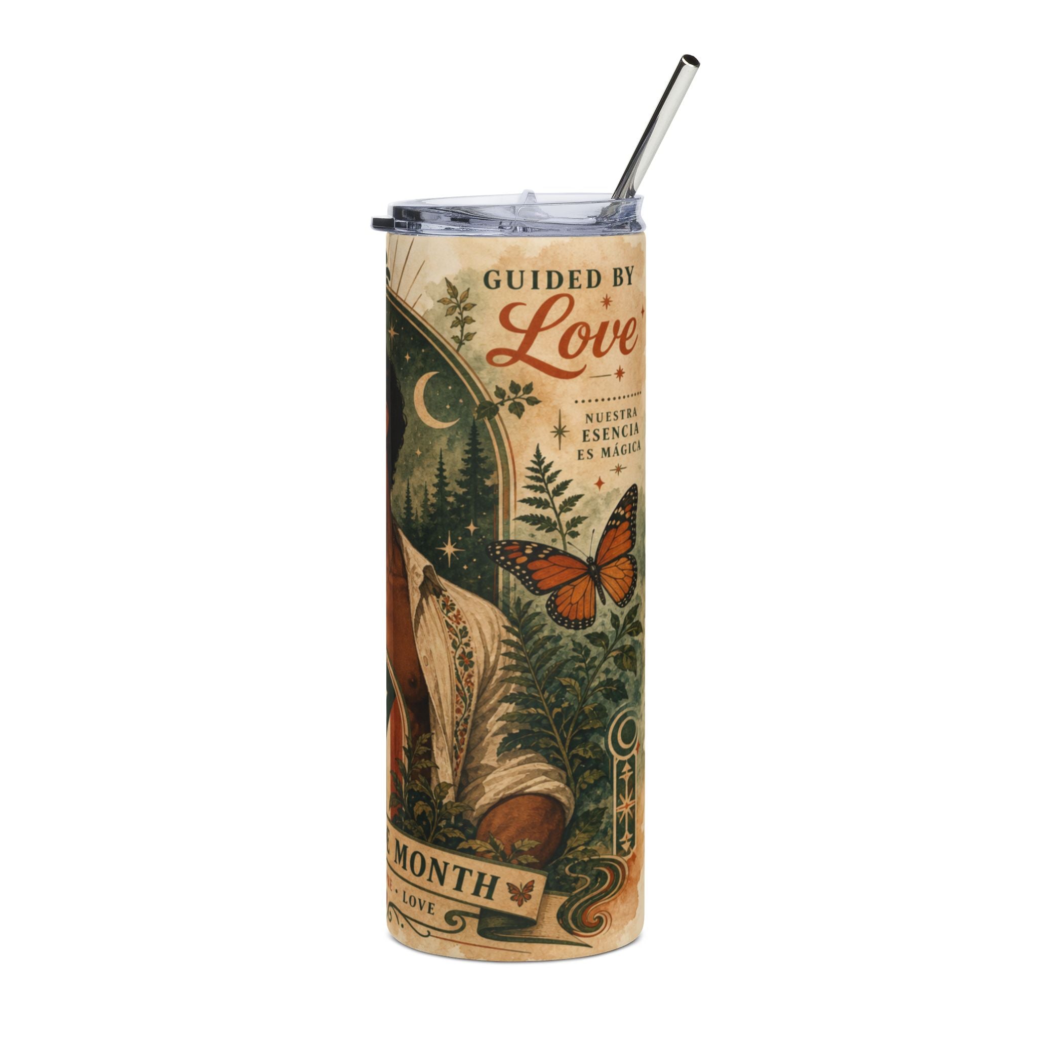 Tumbler with butterfly, moon, and text "Guided by Love" and "Nuestra Esencia es Magica".