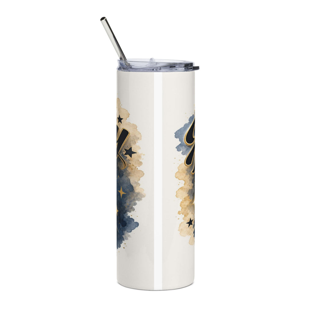 White tumbler with dark blue and gold watercolor splatter and stars design