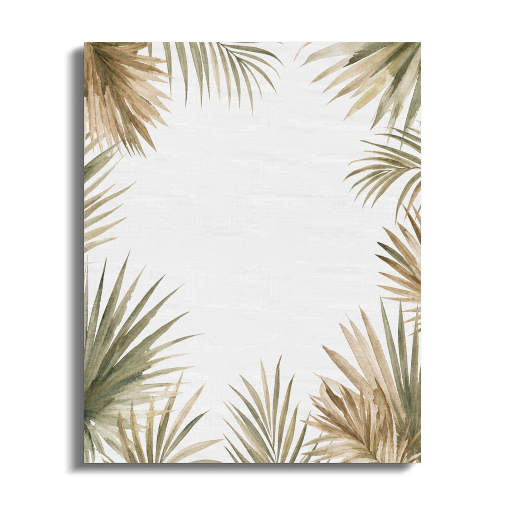 Watercolor palm fronds framing a blank white space.