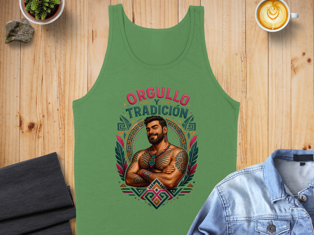 Green tank top with tattooed man and text "ORGULLO Y TRADICIÓN".