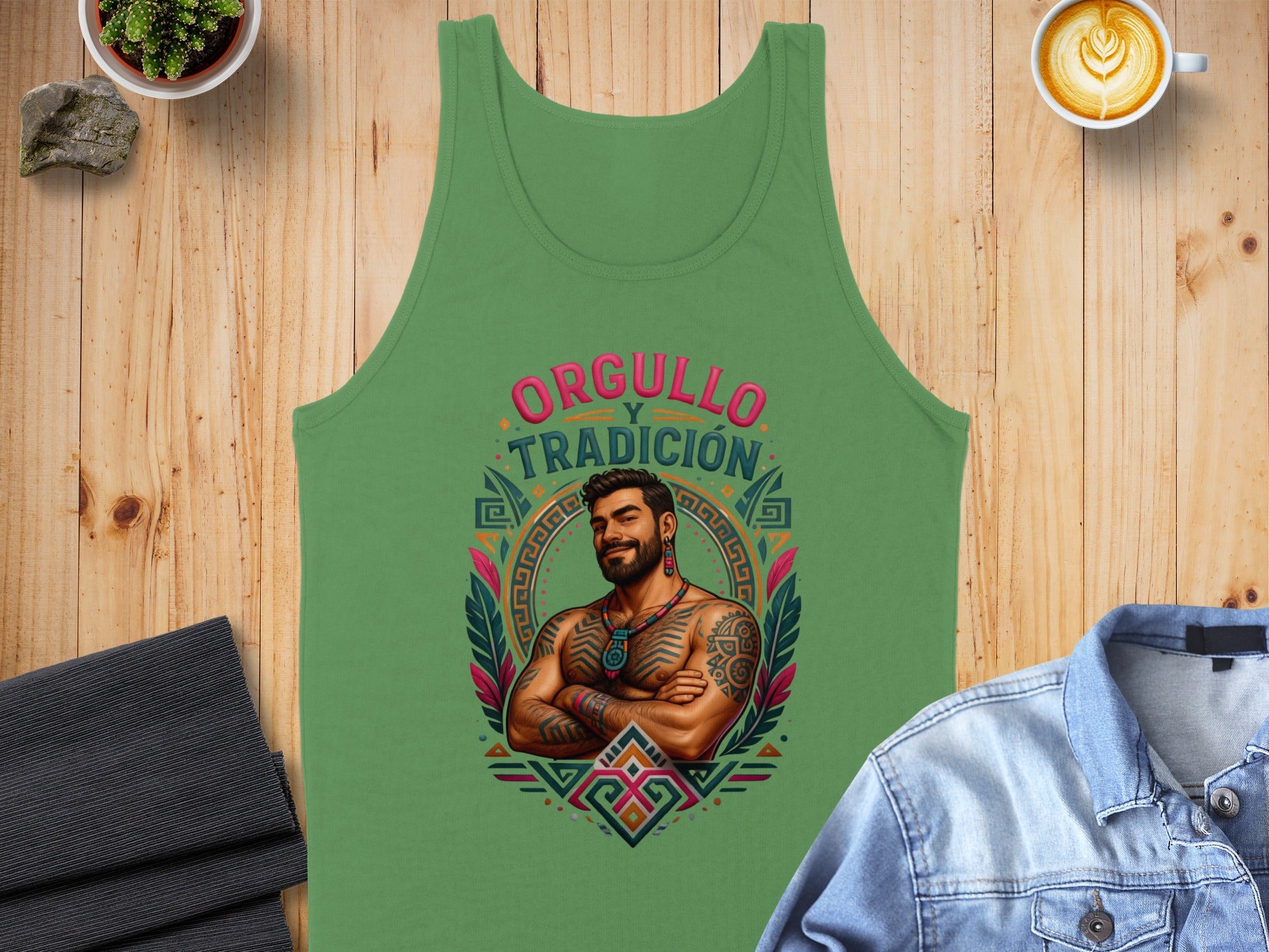 Green tank top with tattooed man and text "ORGULLO Y TRADICIÓN".