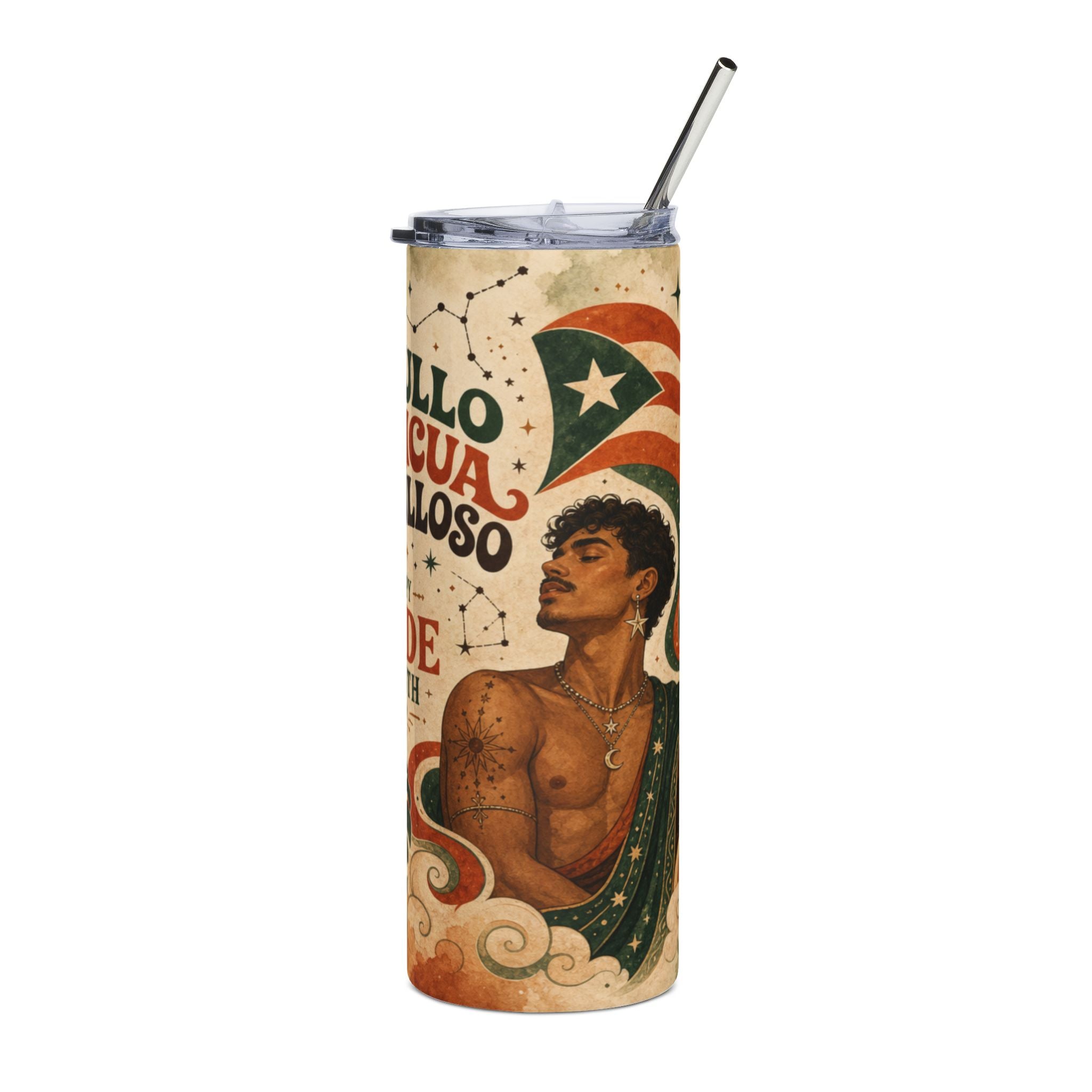 Tumbler with Puerto Rican flag, constellations, and man in celestial attire.
