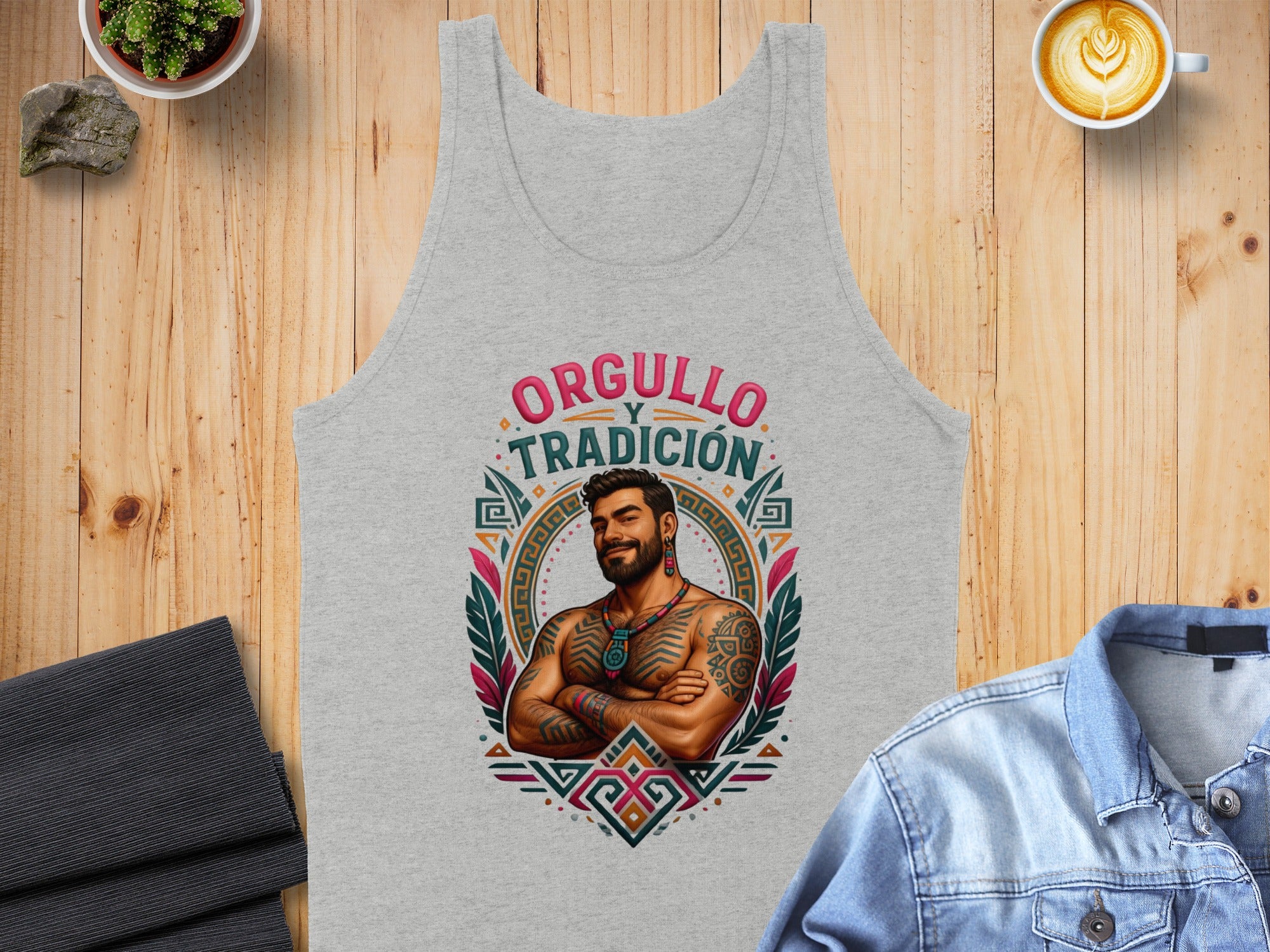 Gray tank top with graphic of a tattooed man and "Orgullo y Tradición" text.