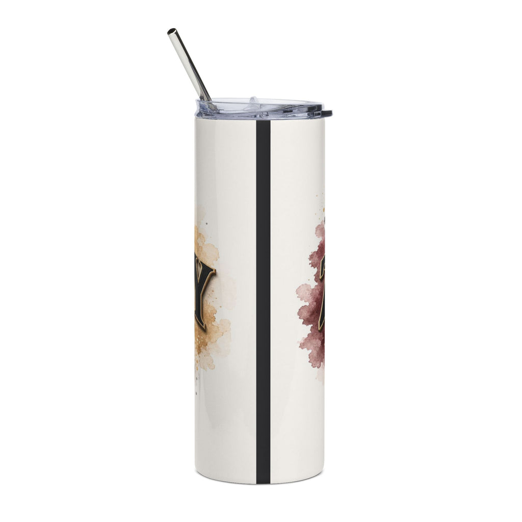 White tumbler with a straw, featuring gold lettering and watercolor splashes.