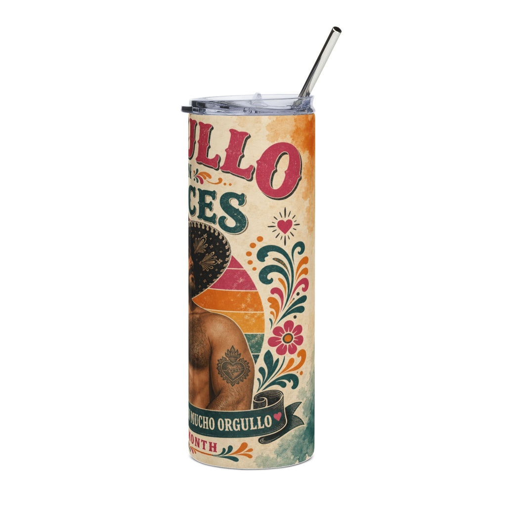 "Mucho Orgullo" tumbler with rainbow sun, flowers, and tattooed man.