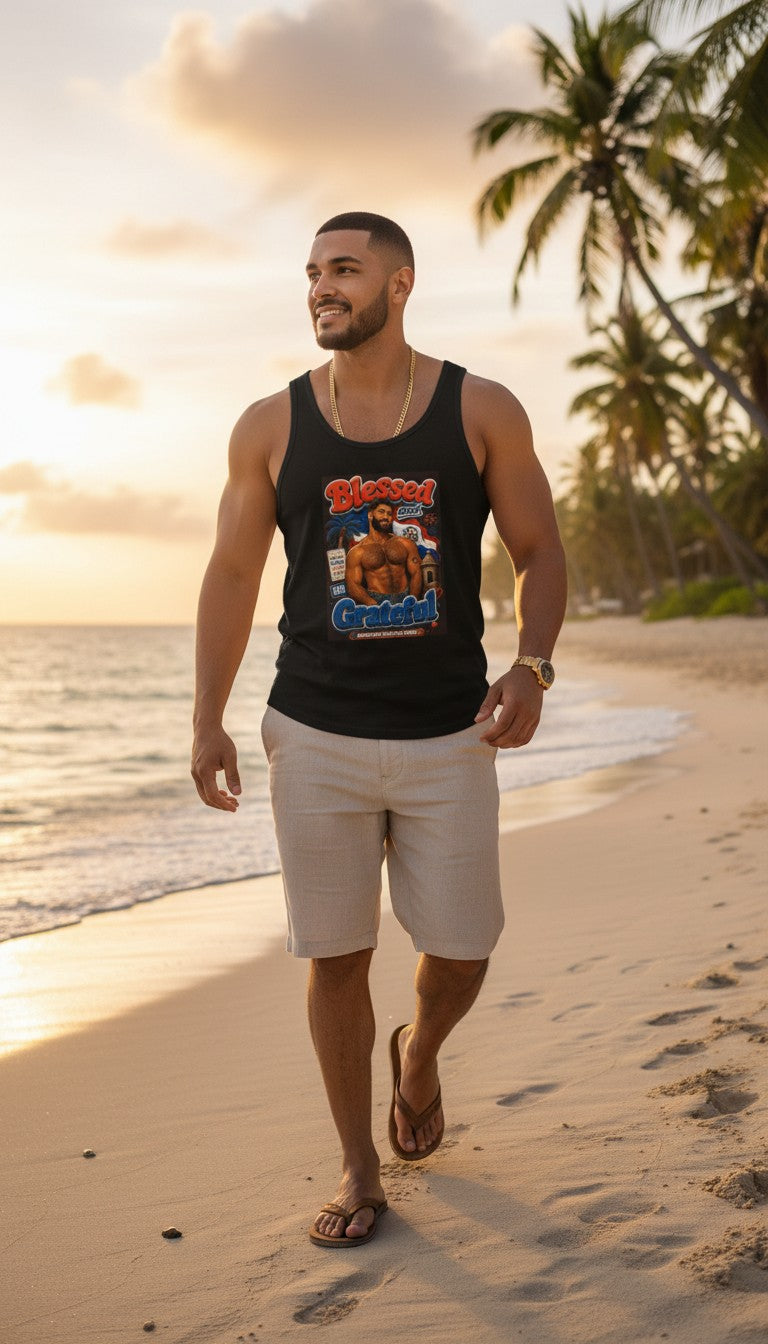 Oso Caribeño black tank top with Blessed & Grateful Dominican heritage graphic worn by a man on a tropical beach