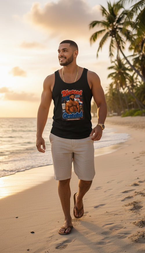 Oso Caribeño black tank top with Blessed & Grateful Dominican heritage graphic worn by a man on a tropical beach