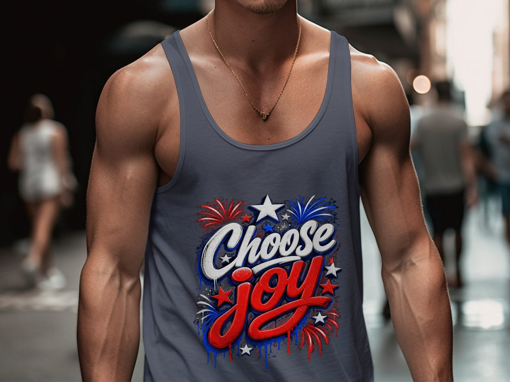Oso Caribeño Choose Joy graphic tank top in grey with red, white, and blue patriotic firework design on a model.