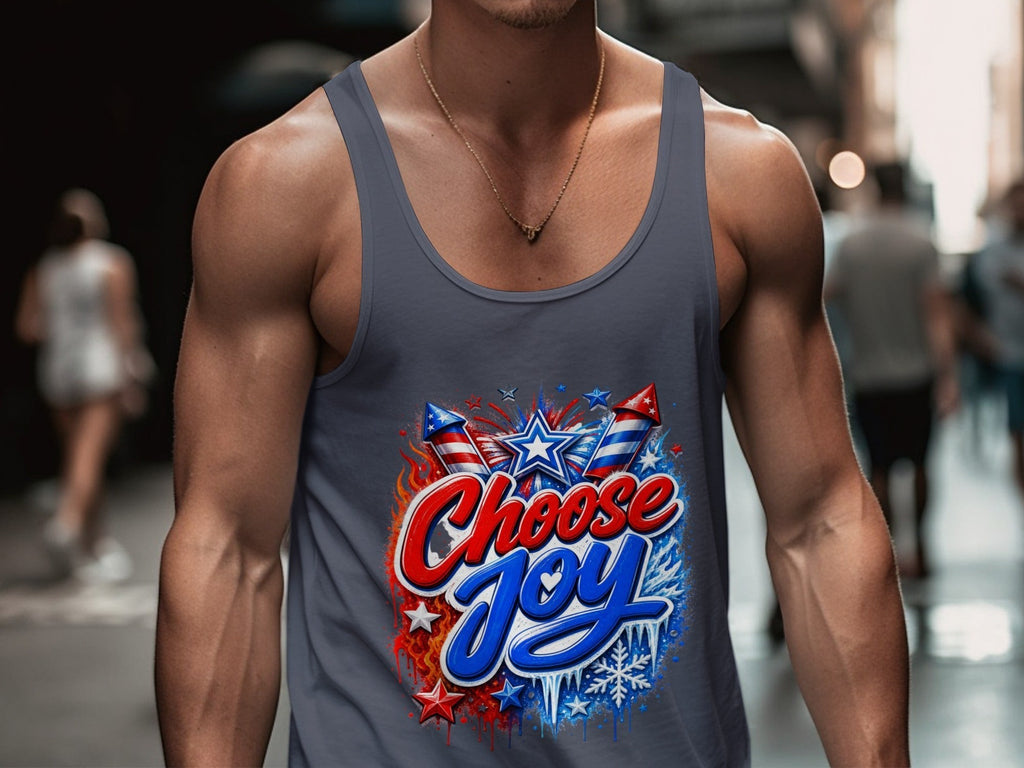 Oso Caribeño Choose Joy tank top in grey cotton with red and blue firework graphic worn by a muscular man
