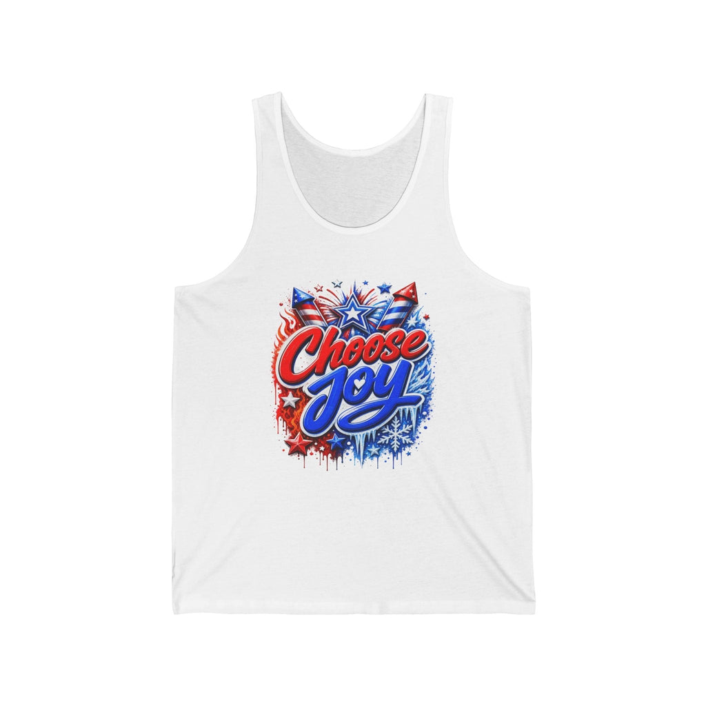 Oso Caribeño white cotton tank top featuring a vibrant Choose Joy graphic with red and blue fireworks and stars.