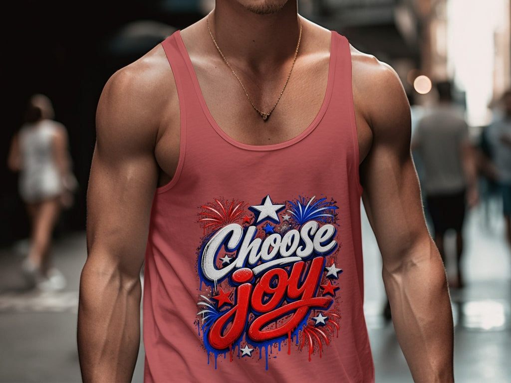 Oso Caribeño red tank top featuring Choose Joy typography and patriotic firework graphics on a muscular model