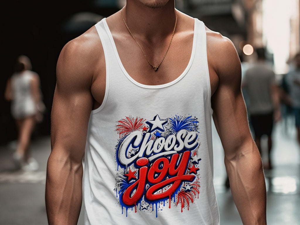 Oso Caribeño white cotton tank top featuring a Choose Joy graphic with red, white, and blue fireworks on a man.