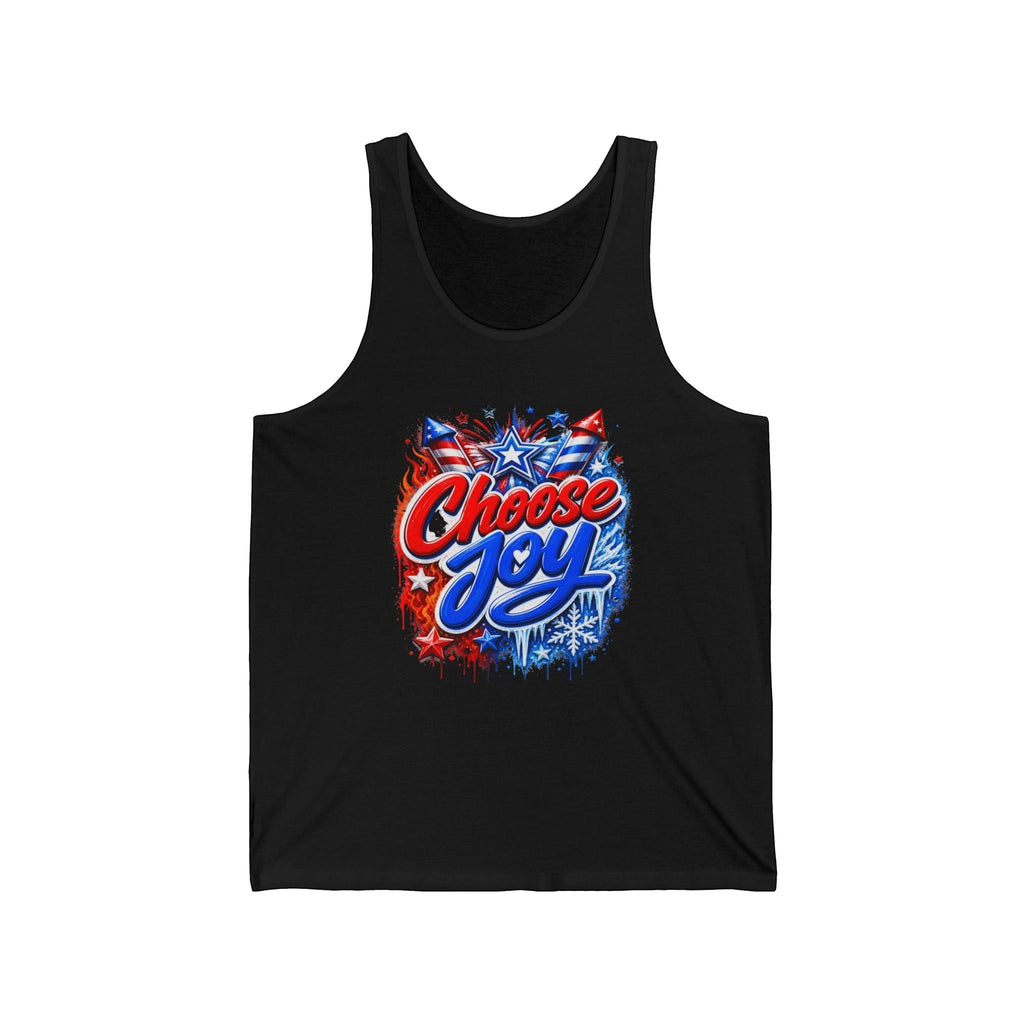 Oso Caribeño black cotton tank top featuring a vibrant Choose Joy graphic with red and blue fireworks and stars.