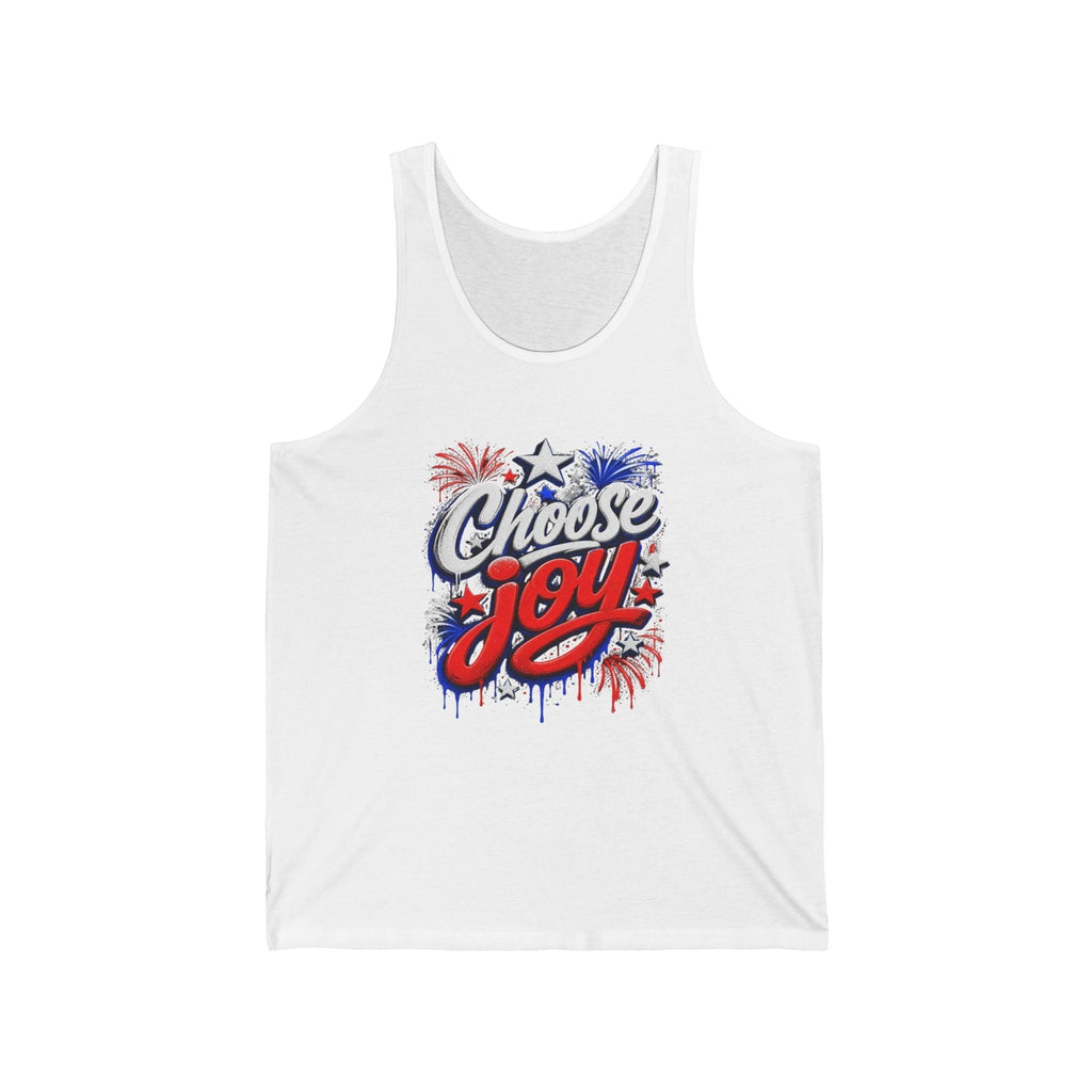 Oso Caribeño white cotton tank top featuring a red, white, and blue Choose Joy graphic with fireworks design.