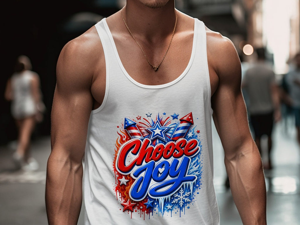 Oso Caribeño white cotton tank top featuring a vibrant Choose Joy graphic with red and blue fireworks and star art.