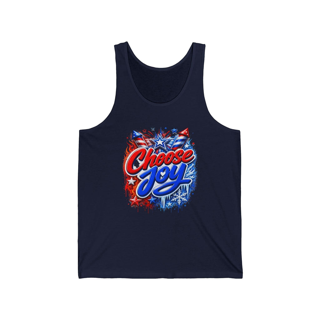 Oso Caribeño Choose Joy tank top in navy cotton with red and blue firework and star graphic print