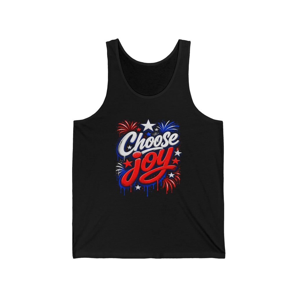 Oso Caribeño black cotton tank top with Choose Joy graphic, red white and blue fireworks, and graffiti-style text.
