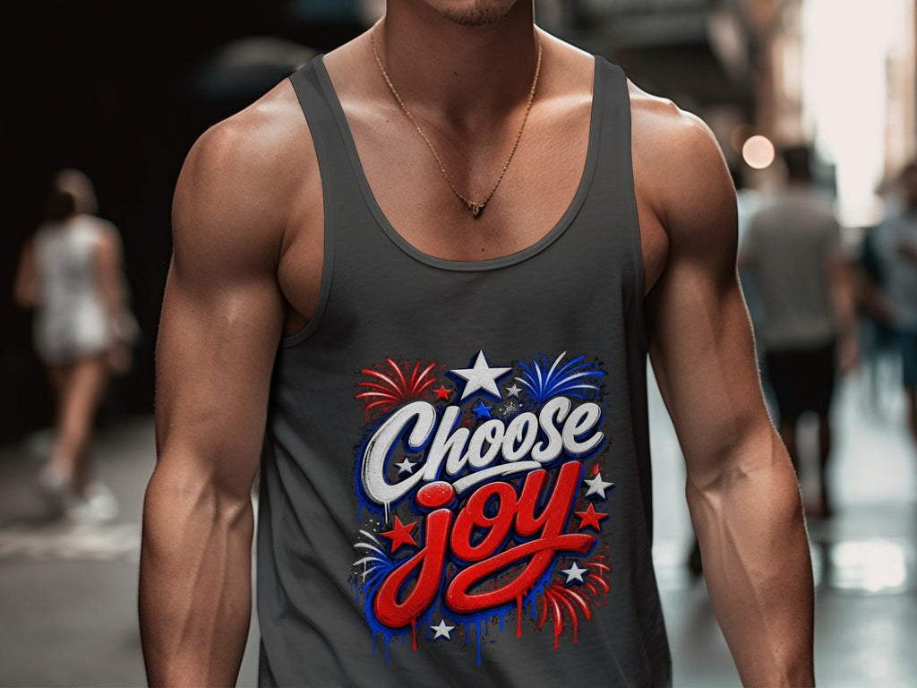 Oso Caribeño Choose Joy graphic tank top in charcoal grey cotton with red, white, and blue firework design on a man.