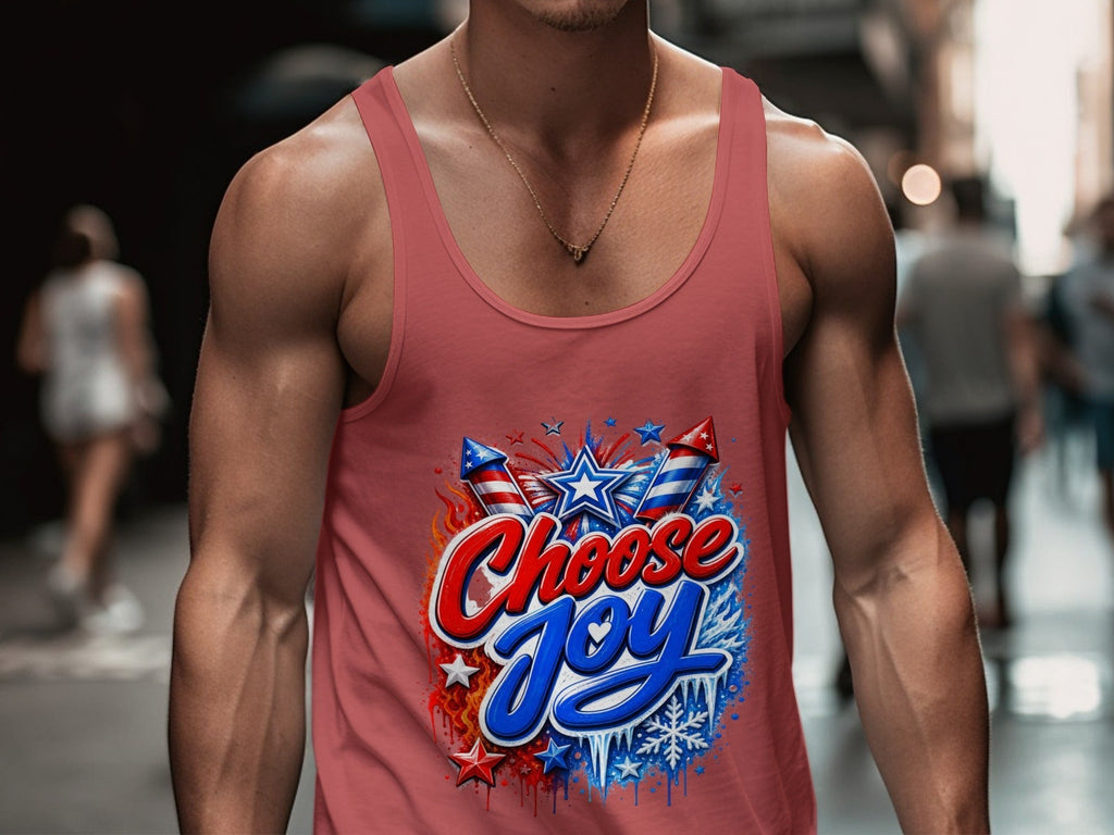 Oso Caribeño Choose Joy tank top in red cotton with festive star and firework graphic print on a muscular model