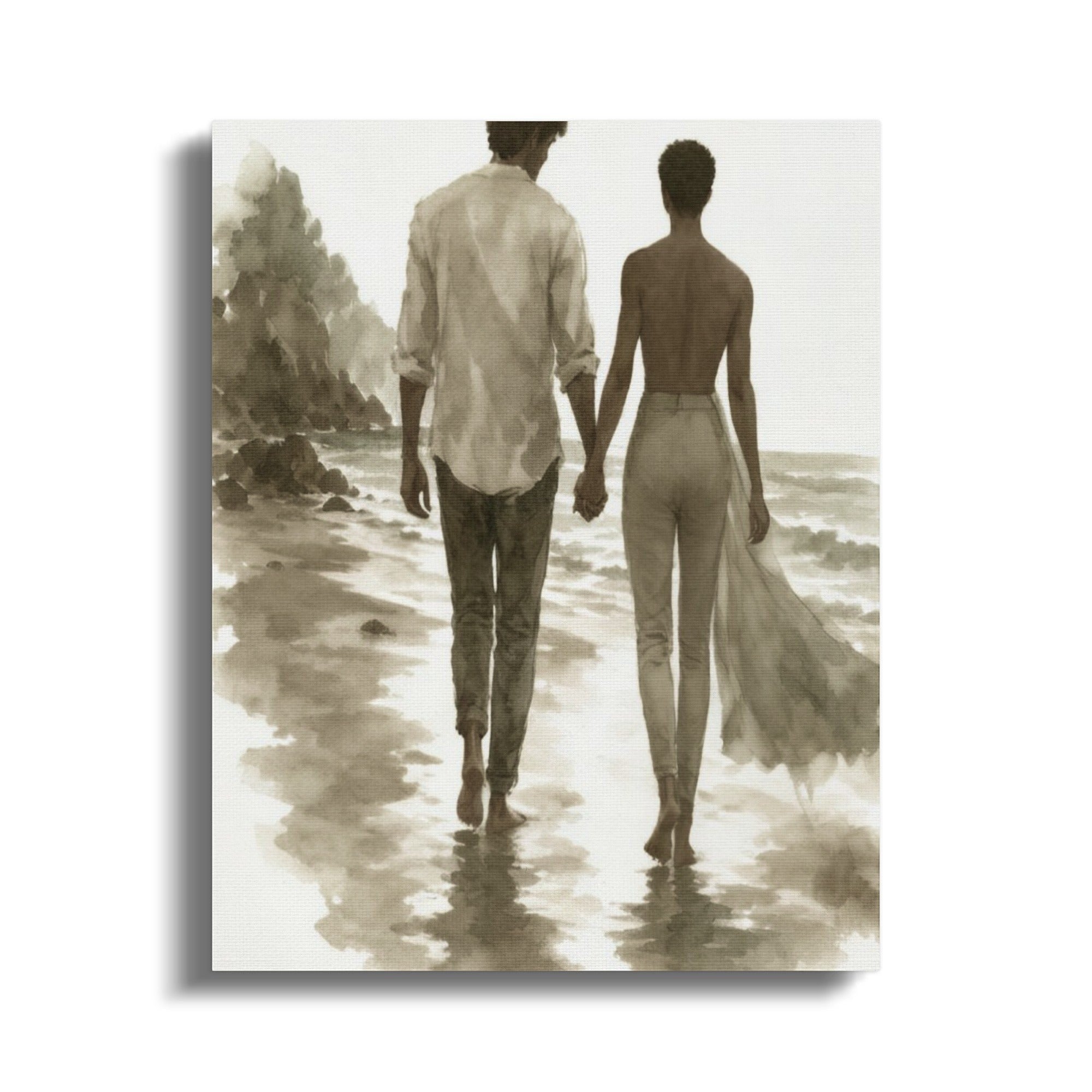 Oso Caribeño watercolor canvas print of a couple holding hands walking along a serene coastal beach in sepia tones.