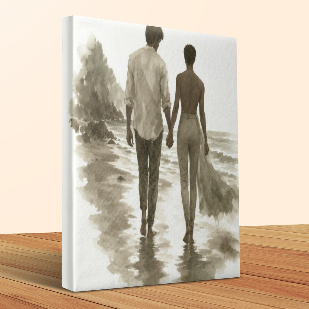 Oso Caribeño watercolor canvas print featuring a couple walking hand in hand on a serene beach in neutral tones.