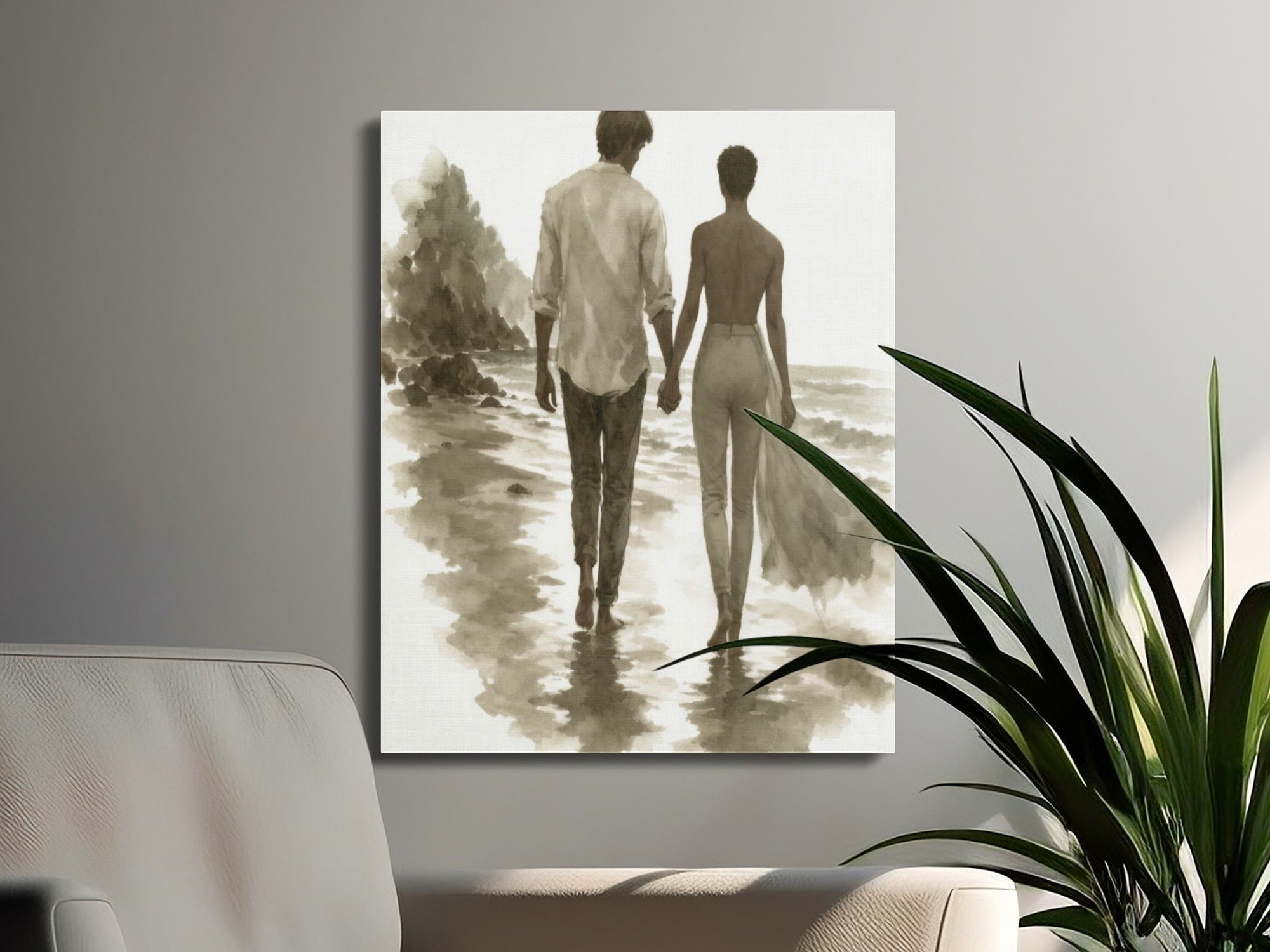Oso Caribeño watercolor canvas print of a couple holding hands walking on a serene beach, displayed on a wall.