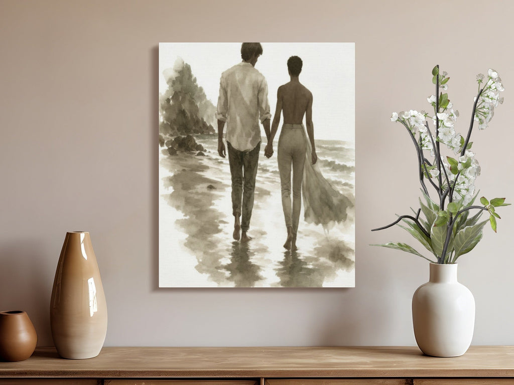 Oso Caribeño watercolor canvas print of a couple walking hand in hand on a beach, displayed on a neutral wall.