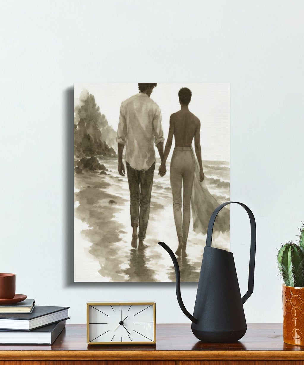 Oso Caribeño watercolor canvas print featuring a couple walking hand in hand on a serene beach in neutral tones.