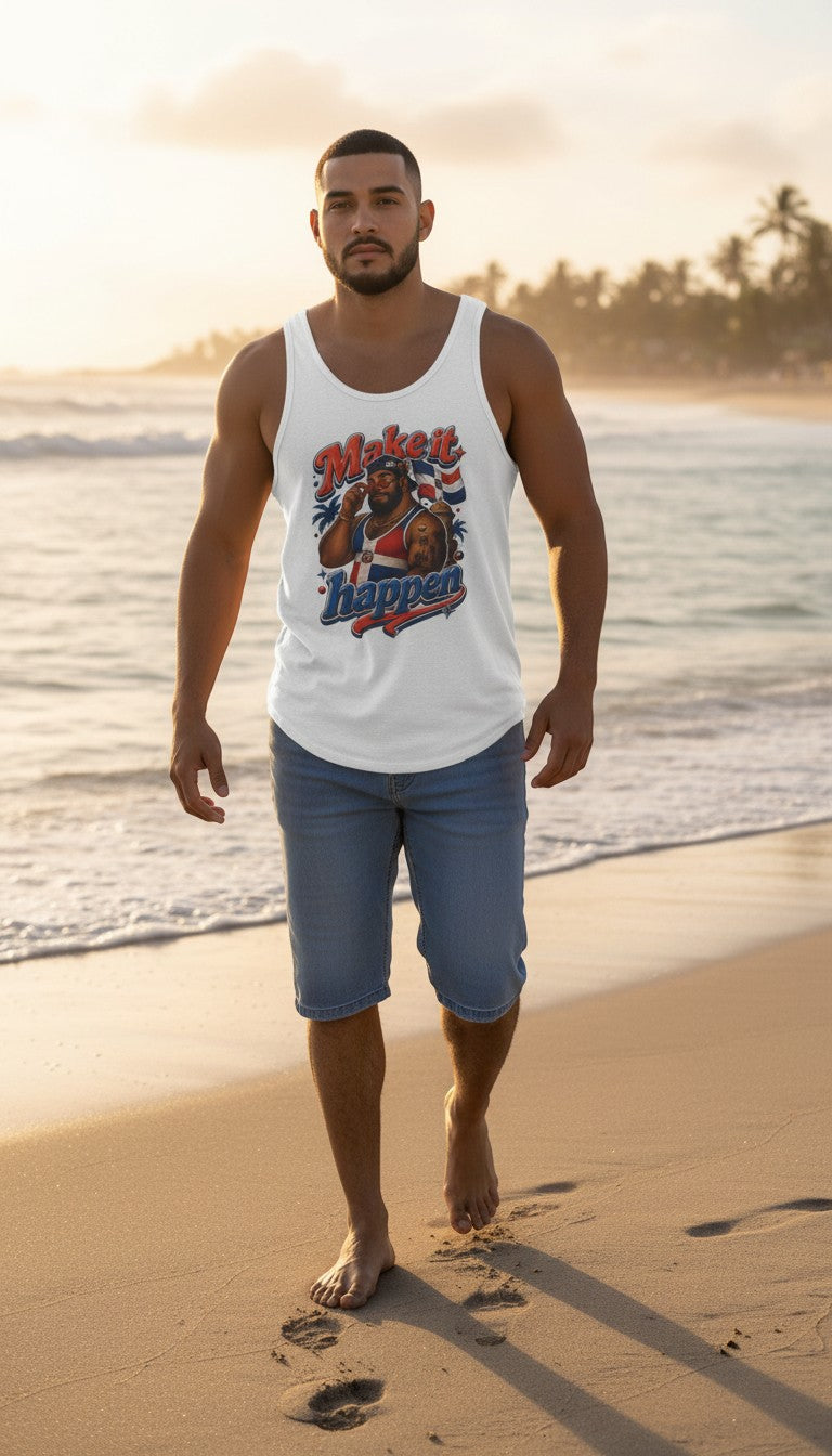 Oso Caribeño white tank top featuring a Dominican bear graphic walking on a sunny beach.