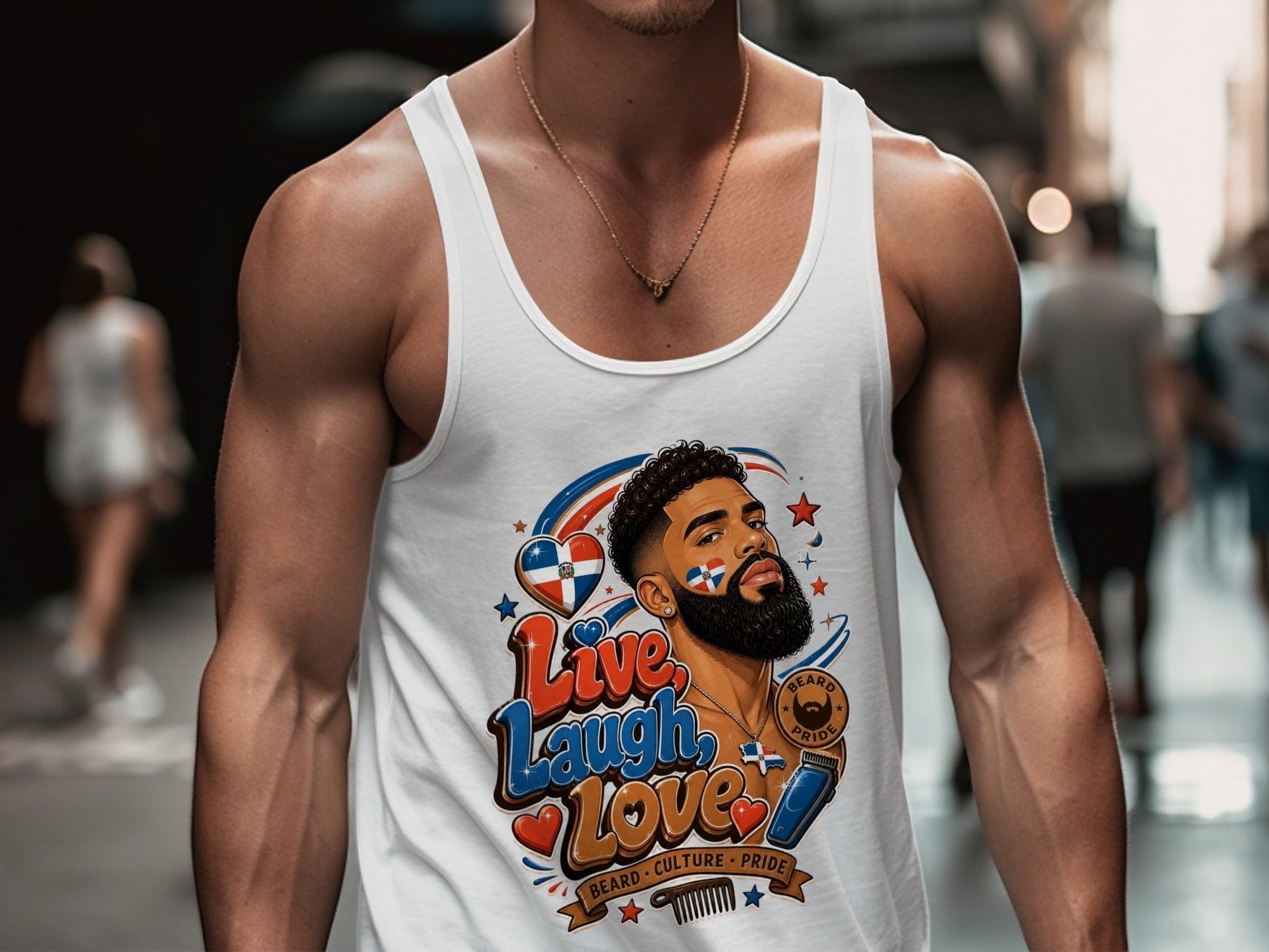 Oso Caribeño white tank top featuring a Dominican pride Live Love Laugh graphic with a bearded man illustration