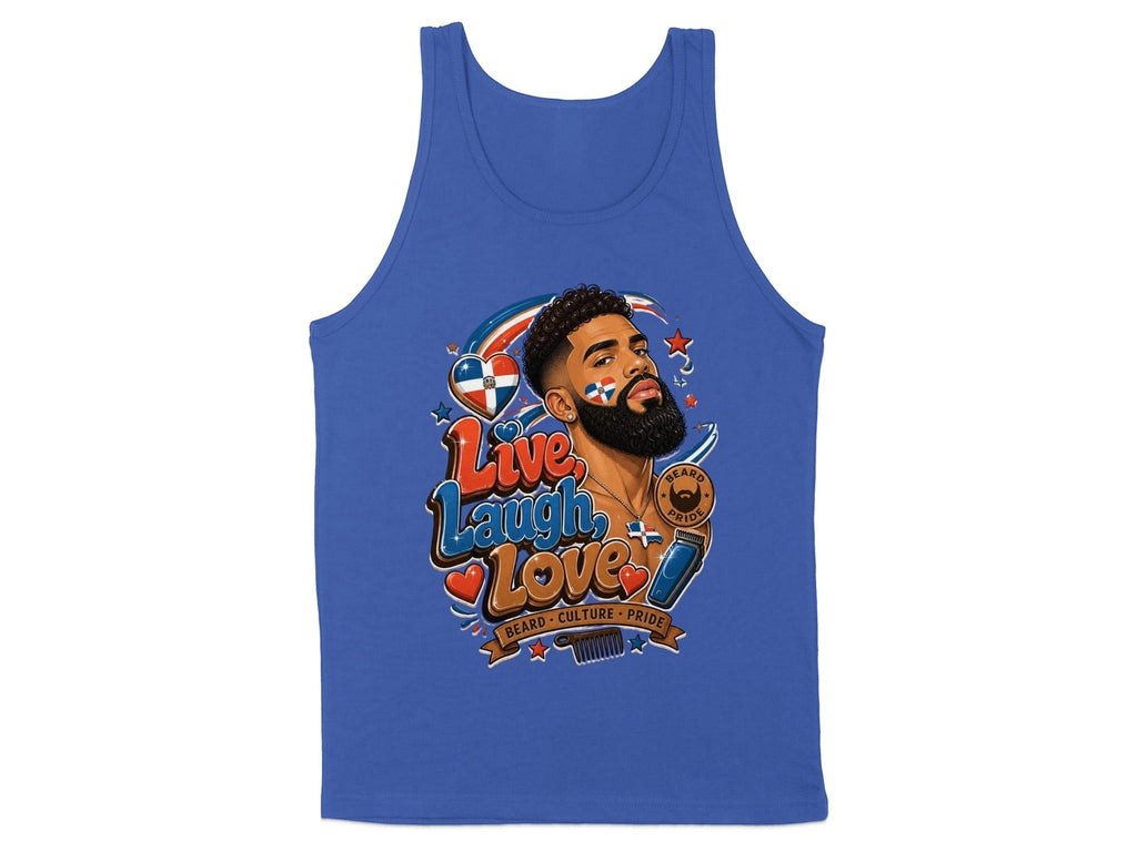 Oso Caribeño blue cotton tank top featuring a Dominican pride and beard culture graphic with Live Laugh Love text.