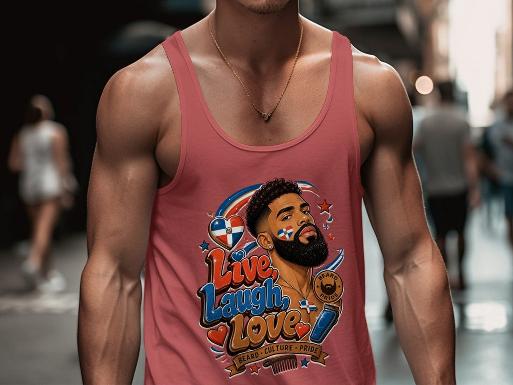 Oso Caribeño pink cotton tank top featuring a Dominican pride beard design with Live Laugh Love text on a man