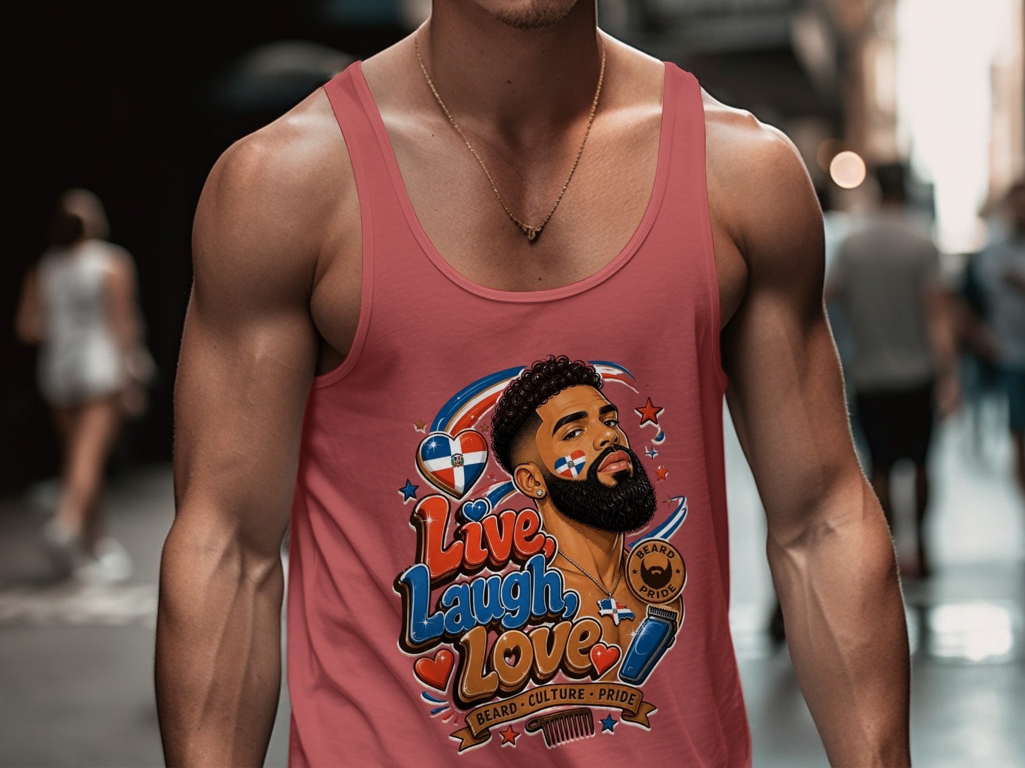 Oso Caribeño pink cotton tank top featuring a Dominican pride beard design with Live Laugh Love text on a man