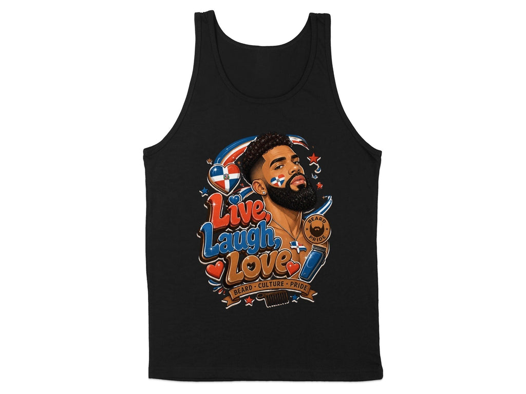 Oso Caribeño black cotton tank top featuring a Dominican pride and beard culture graphic with Live Laugh Love text.