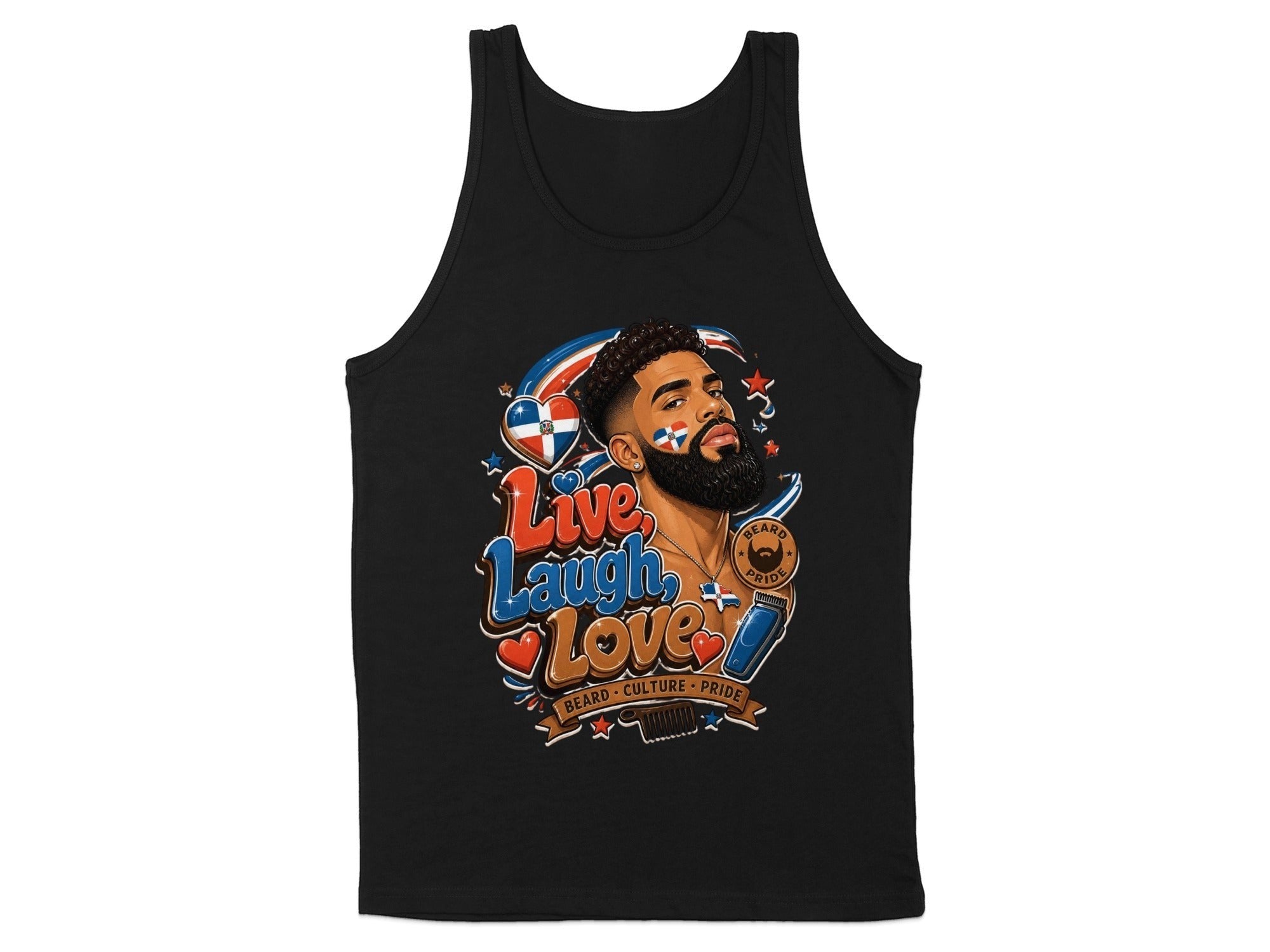 Oso Caribeño black cotton tank top featuring a Dominican pride and beard culture graphic with Live Laugh Love text.