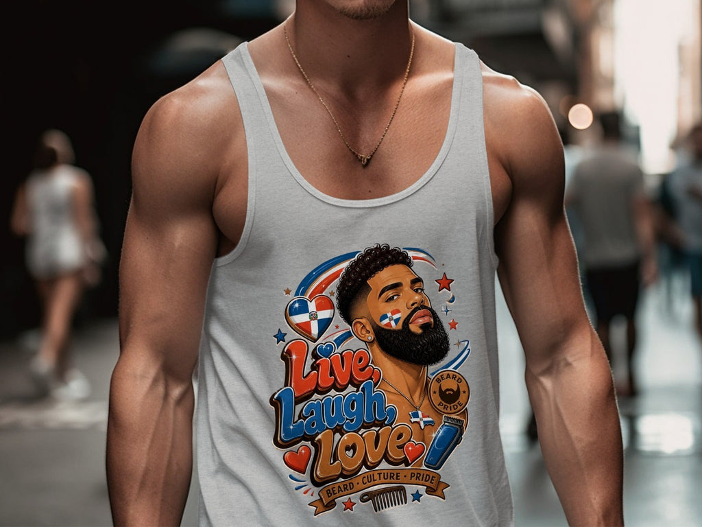 Oso Caribeño white cotton tank top featuring a Dominican pride beard graphic with Live Laugh Love text on a man