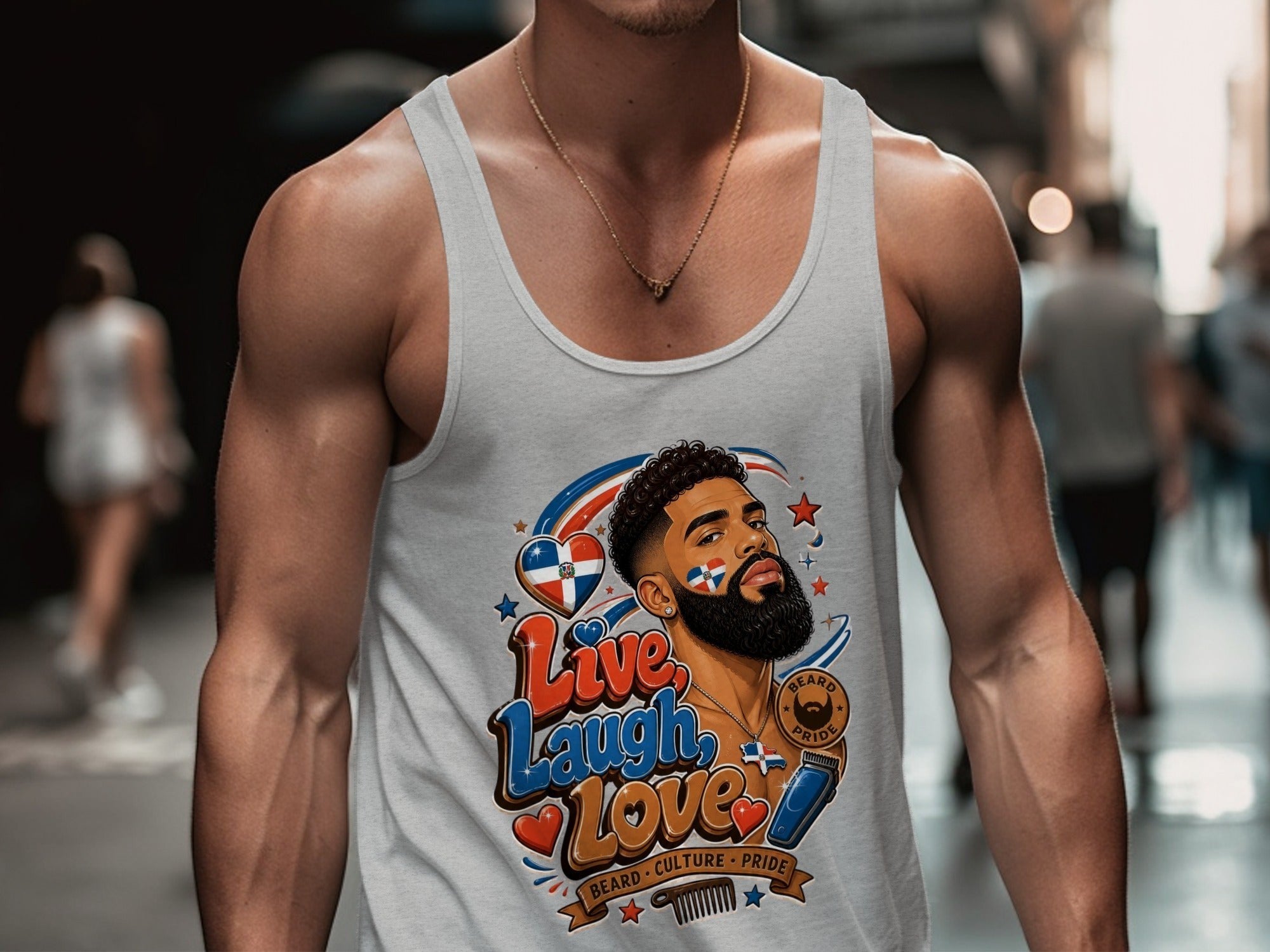 Oso Caribeño white cotton tank top featuring a Dominican pride beard graphic with Live Laugh Love text on a man
