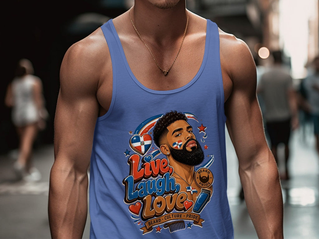 Oso Caribeño blue cotton tank top featuring a Dominican pride and beard culture graphic print on a muscular man